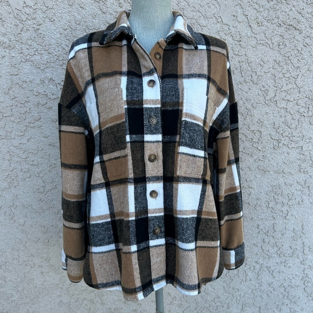 SHEIN Plaid Button Down Shirt - Brown, Black, White